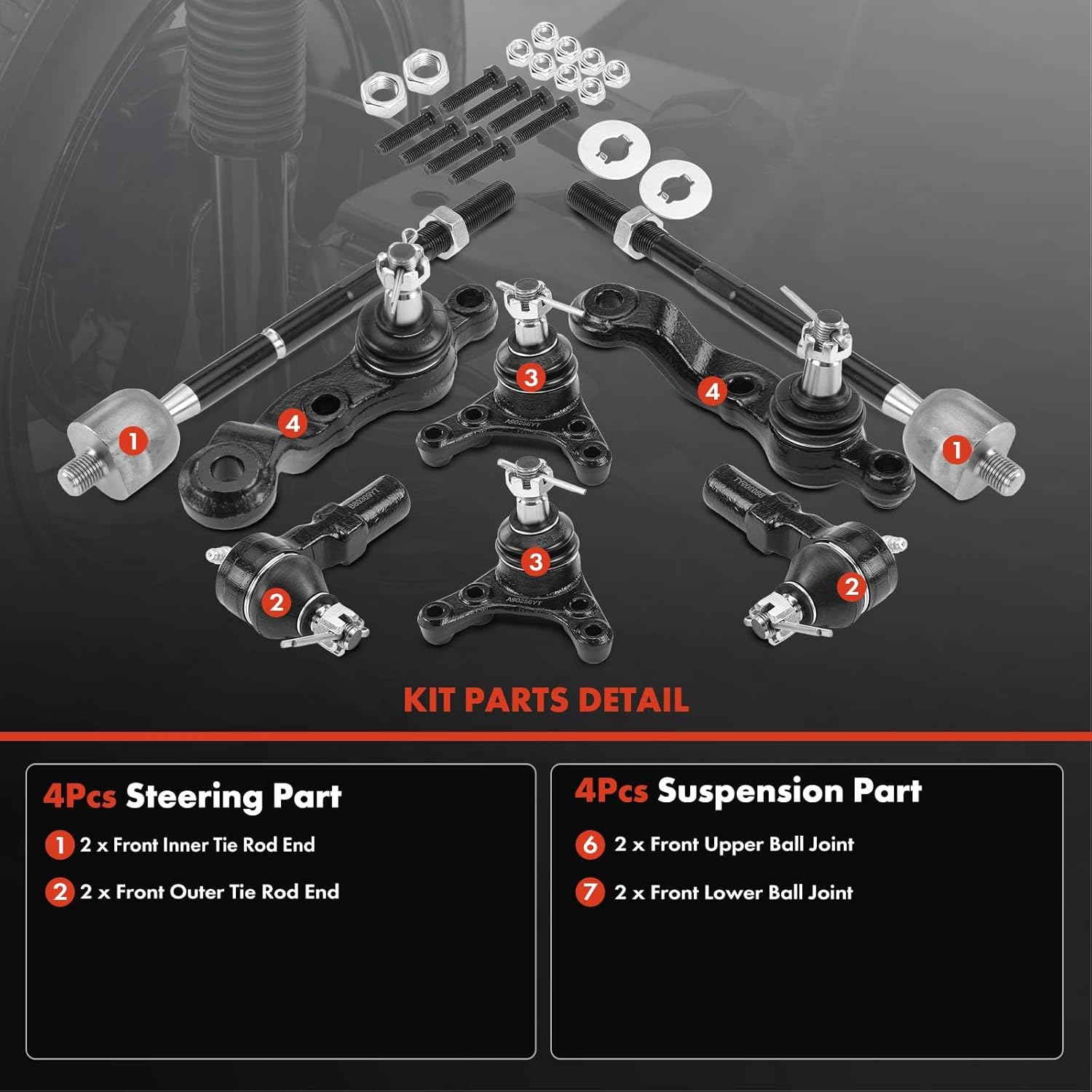 A-Premium Set of 8, Front Upper & Lower Ball Joint, Inner & Outer Tie Rod End, Compatible with Toyota Tacoma 1995-2004