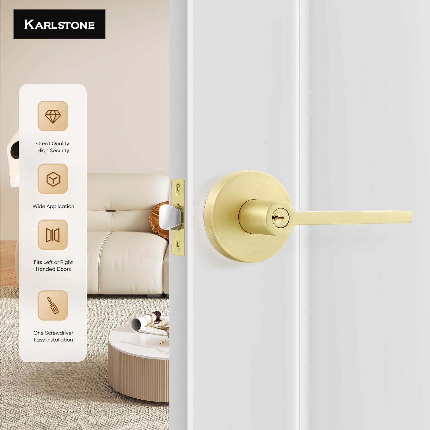 Karlstone 1 Pack Entry Door Handle,Interior Gold Door Knobs in Zinc Alloy, Interior Door Levers with Key,Modern Door Lever for Left or Right Handing,Heavy Duty Constructions
