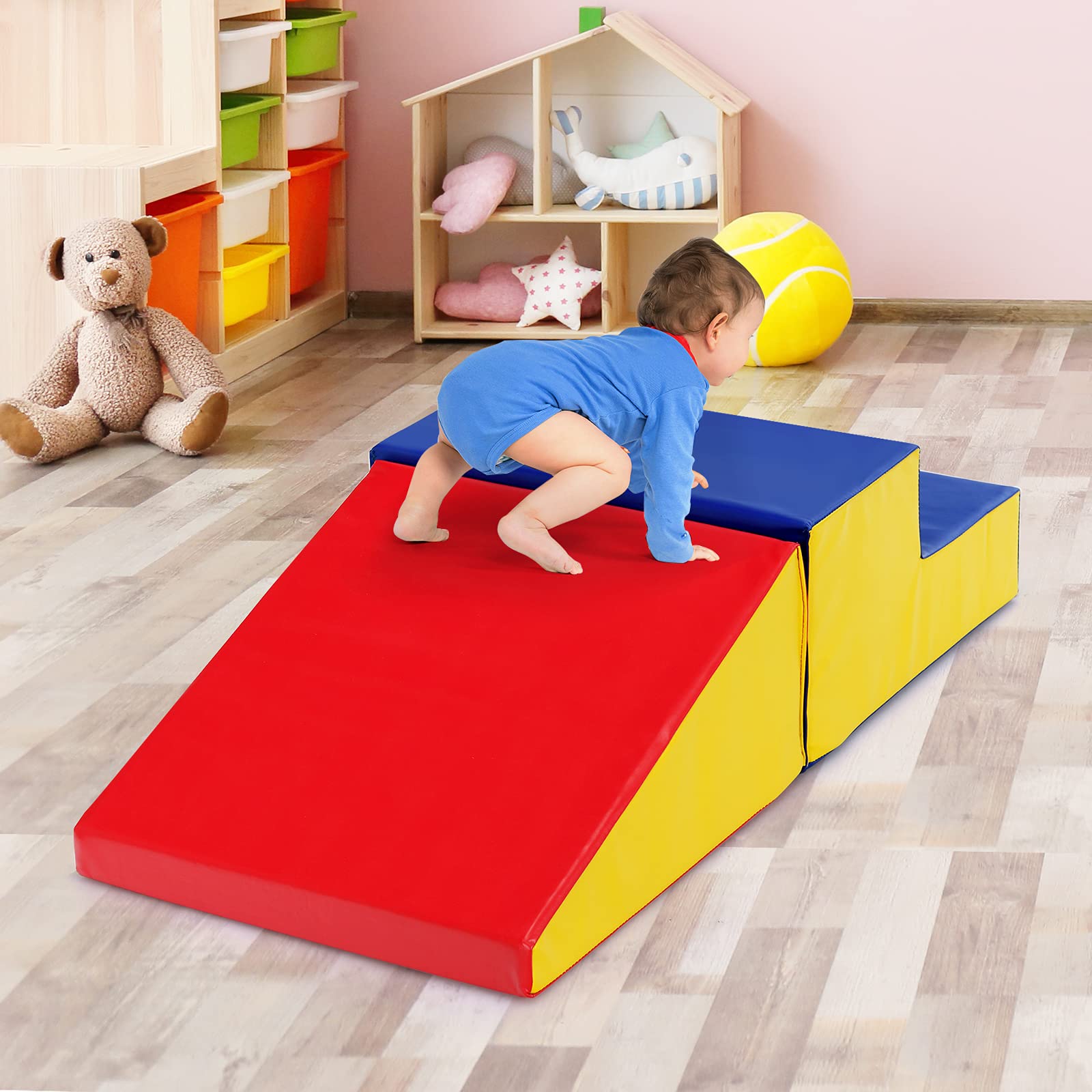 GOPLUS 2 Bloques de Construcción de Espuma, Bloques de Construcción Blandos para Escalar, Bloques Grandes con Escalera y Tobogán, Superficie de Piel Sintética