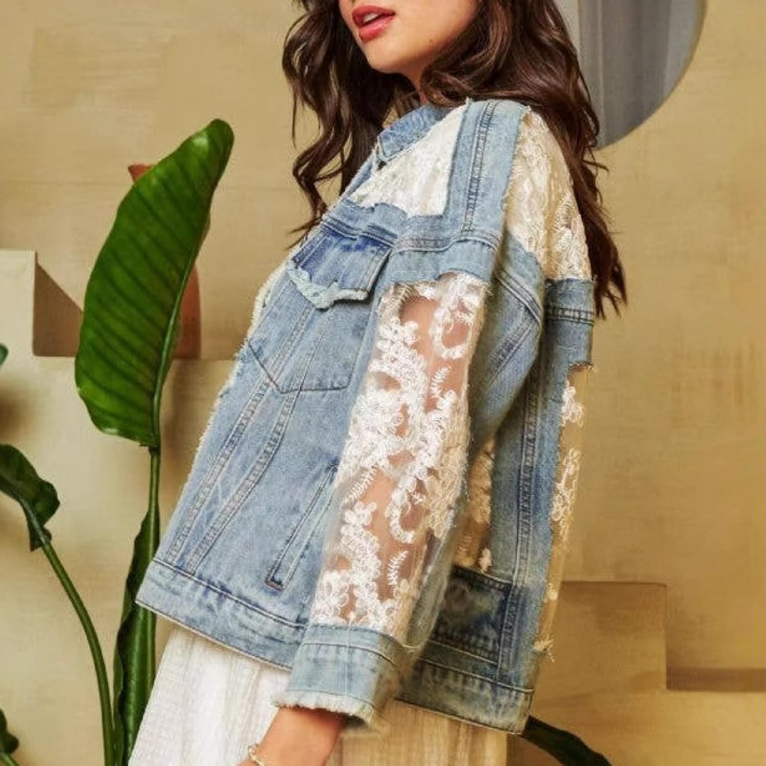 Perbai Women's Floral Lace Patchwork Cropped Denim Jacket Button Down Oversized Jean Trucker Coat