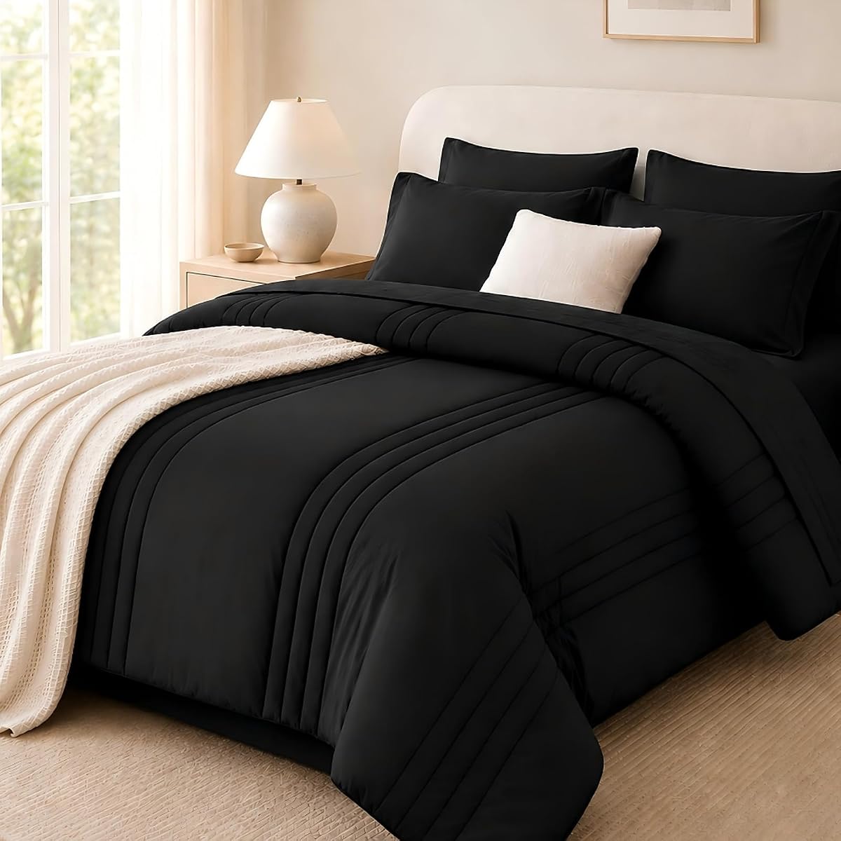 Juego de edredón Queen negro, cama de 7 piezas en una bolsa Queen, juego de cama de microfibra ligera con edredón, sábana plana, sábana ajustable, fundas de almohada y fundas de almohada, juego de cama para todas las estaciones con bolsillo profundo