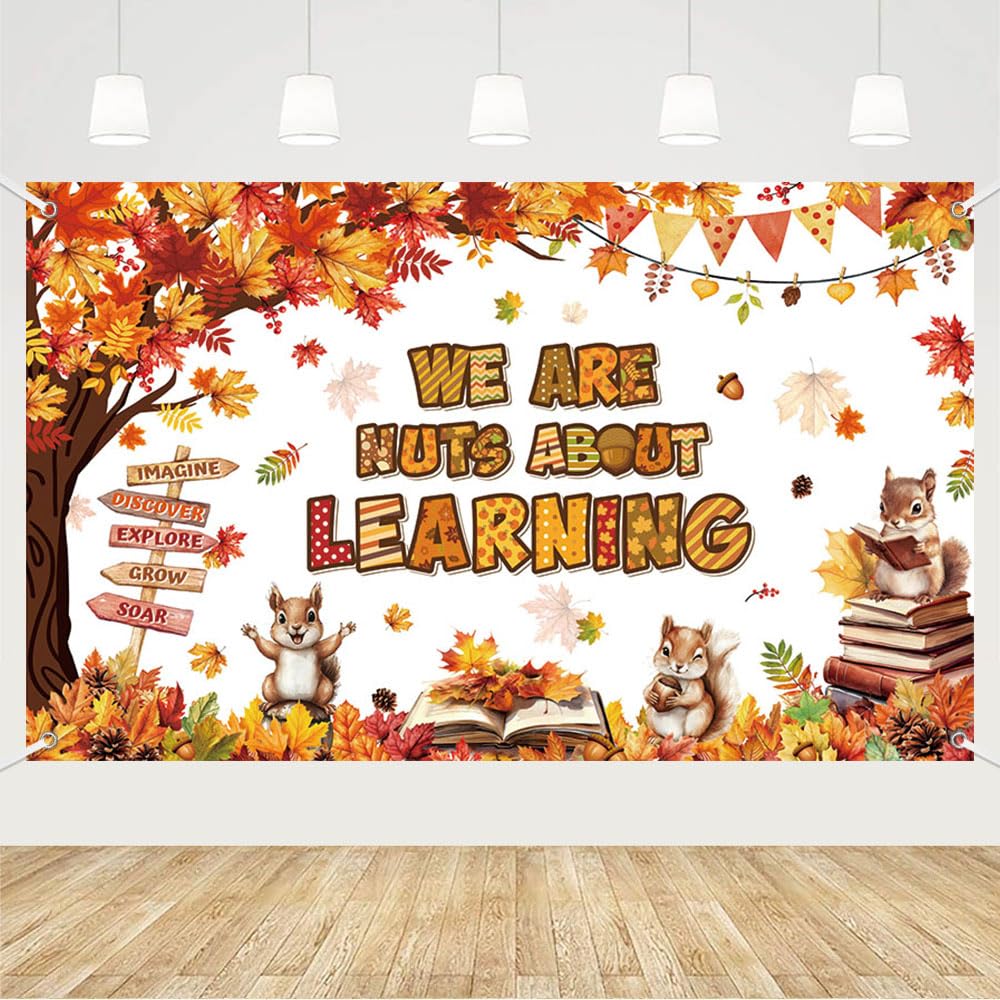 MEHOFOND 6x3.6ft Fall in Love with Learning Backdrop, Autumn Thanksgiving Pumpkin Maple Leaves Tree Learning Classroom Decorations, Reading Books Students Library Office Decor Photo Booth Props