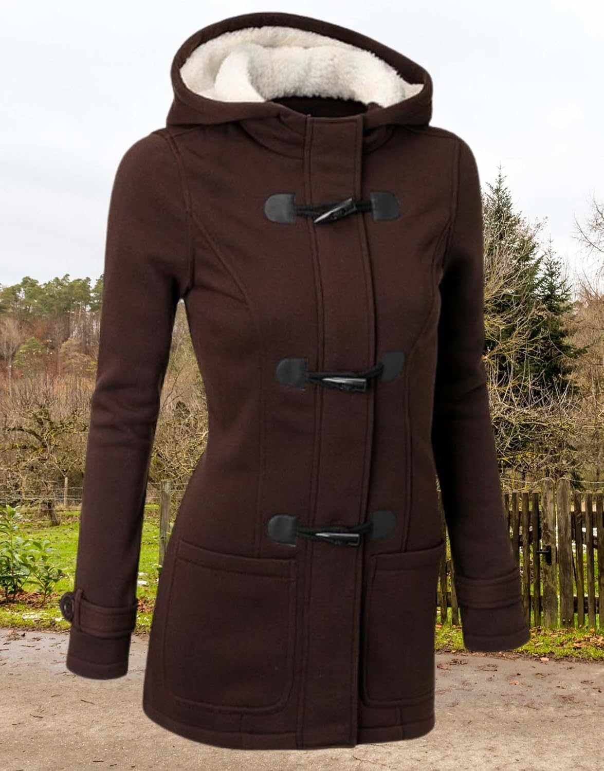 LIZALIG Womens Fashion Horn Button Fleece Thicken Fall Coat with Hood Winter Warm Jacket - Image 2