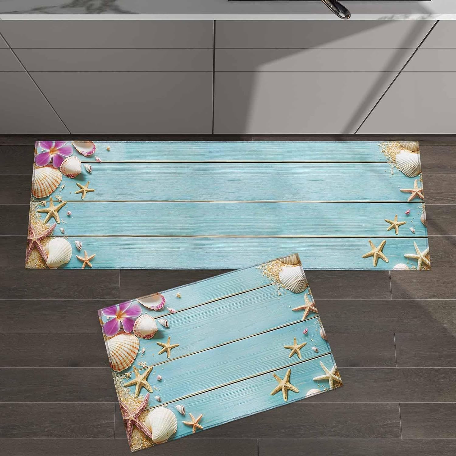 2 Pieces Kitchen Rugs and Mats,Summer Beach Seashell Starfish Area Runner Rug Set Non Slip Floor Doormat Washable Carpet Standing Mat for Kitchen Sink Indoor Corridor,Ocean Blue Wooden Barn Flower