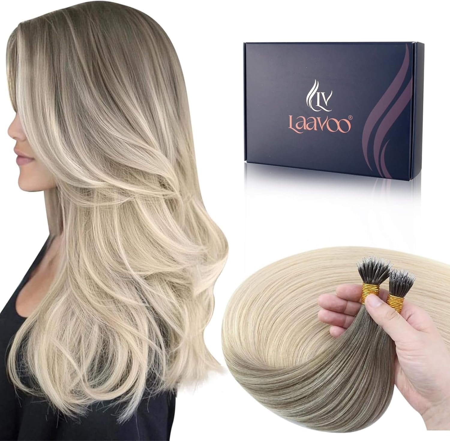 LaaVoo Nano Hair Extensions Real Human Hair Blonde Nano Beads Hair Extensions Platinum Blonde Invisible Nano Ring Straight Remy Hair 50g 50s 14 Inch #60 — view 29