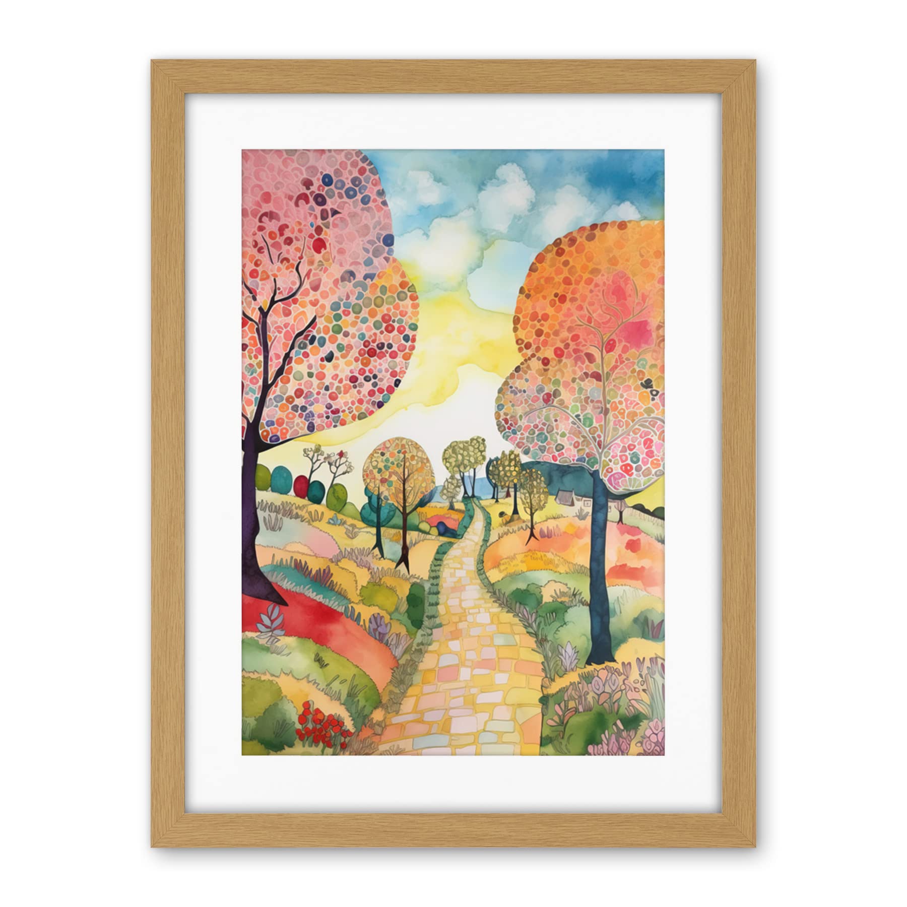 Artery8 Countryside Path With Blooming Flowers And Trees Folk Art Landscape Watercolour Painting Artwork Framed Wall Art Print 18X24 Inch