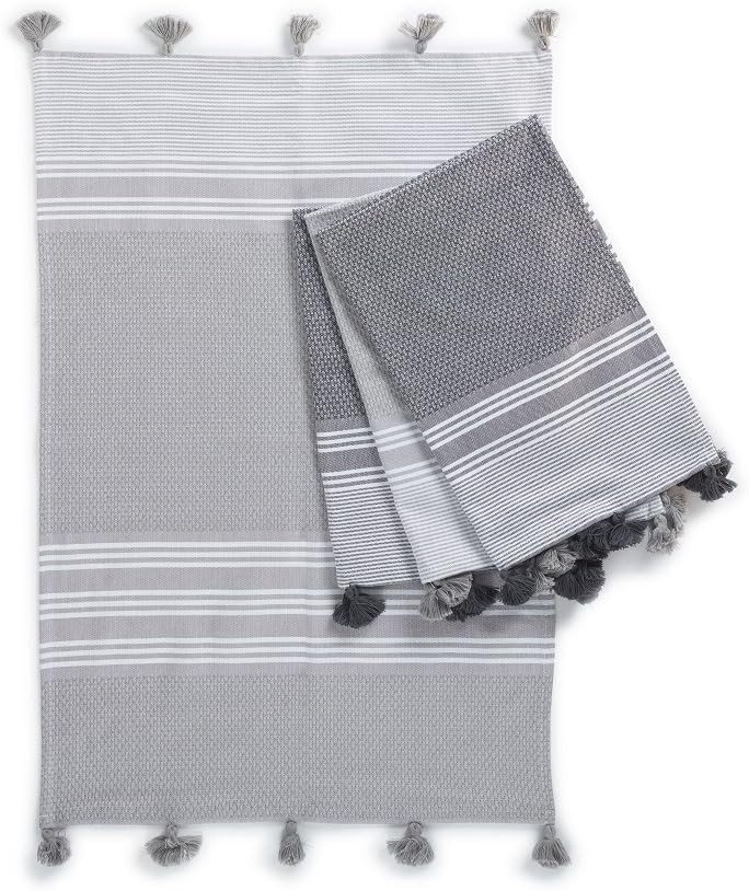 Kuprum Rhodes 100% Turkish Cotton Set of 4 Hand Towels 20"x30" Peshkir Set Peshtemal Fouta Sauna Spa Yoga Pilates Gym Beach Pool Striped Towels (2 Dark Gray - 2 Gray)
