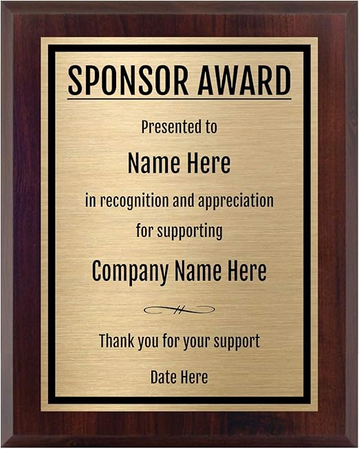 Sponsor Award Plaque 8x10 Personalized Thank You Gift for