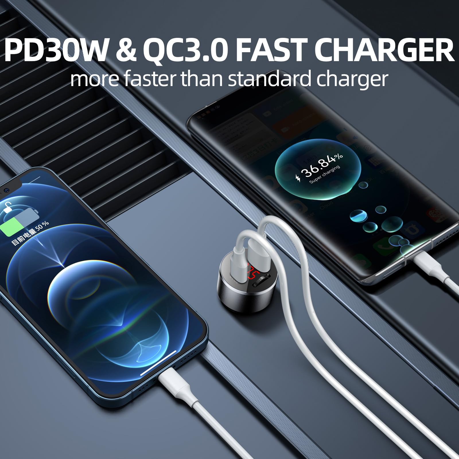 Adaptador AUX para coche Transmisor FM, iMyOnly QC/PD totalmente metálico Bluetooth V5.3 AUX Adaptador para reproductor de música de coche, transmisor Bluetooth con llamadas manos libres