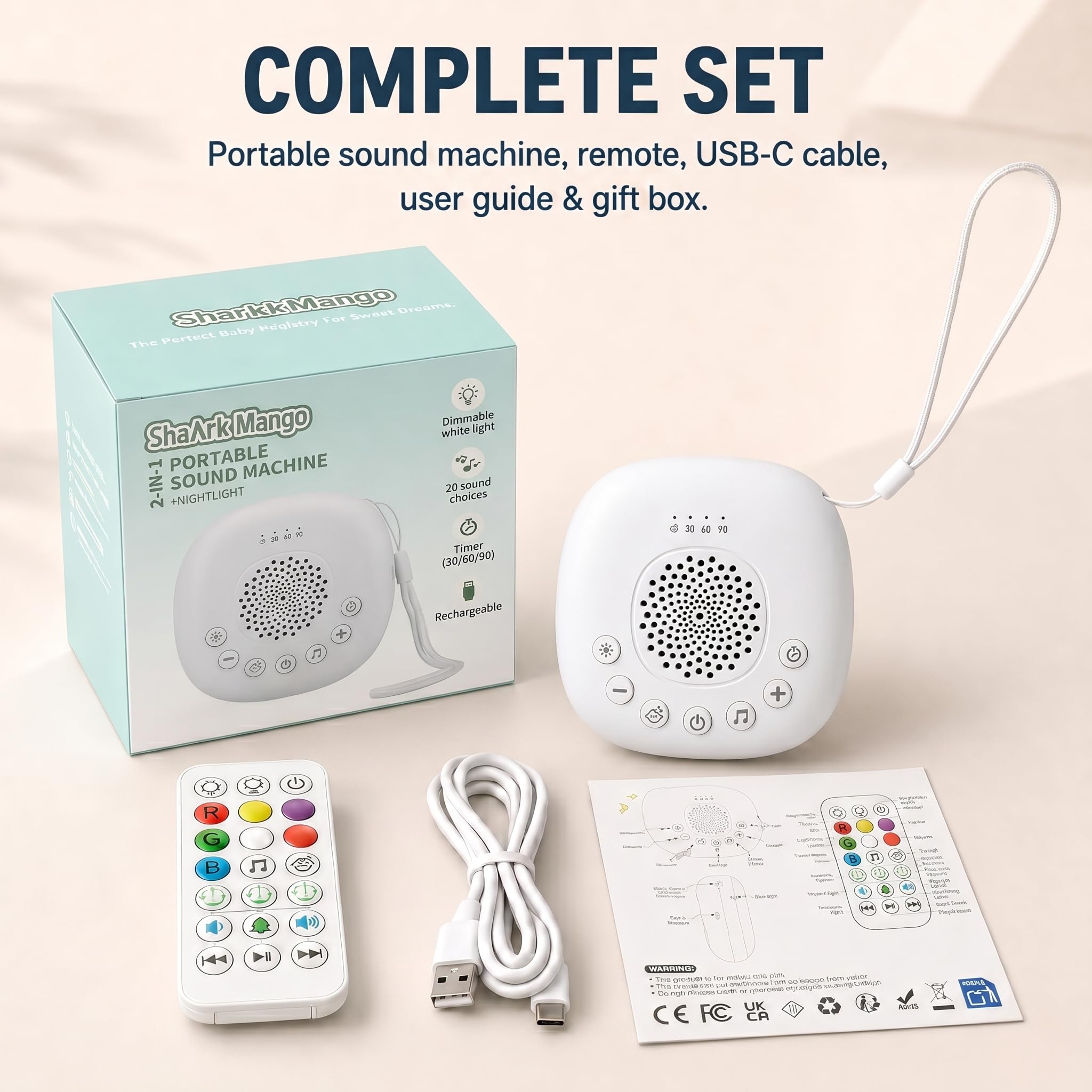 Baby White Noise Machine für Autofahrten – 20 beruhigende Geräusche, USB-C wiederaufladbar, Nachtlicht für Kinderwagen, Krippen & Reisen