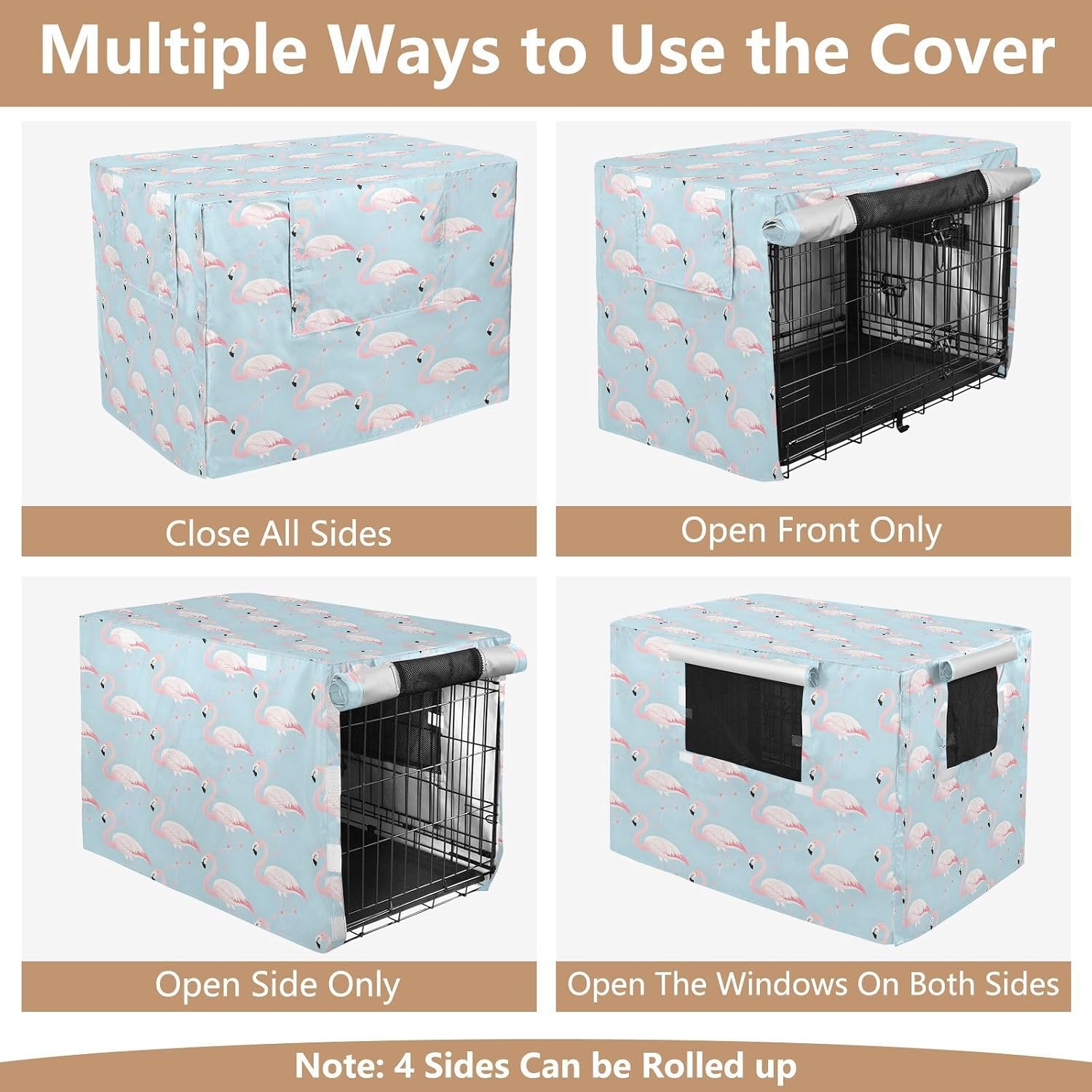 Flamingos Blue Dog Crate Cover 600D Oxford Pet Kennel Cover with Mesh Window for Dog Cages, Windproof Waterproof Machine Washable, 42"x28"x30"