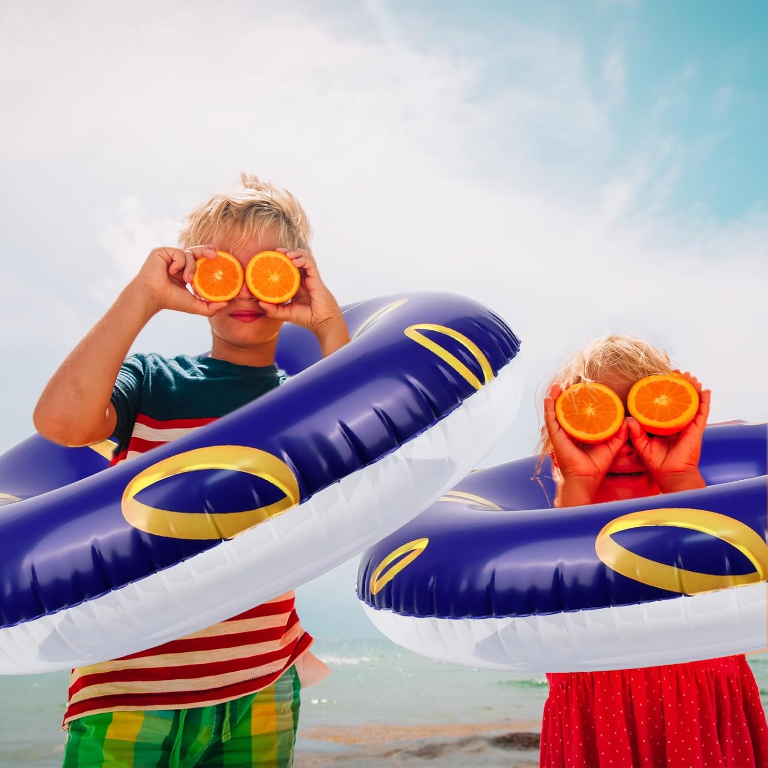 6PCS 24Inch Inflatable Pool Floats - Pool Tubes for Kids with Vibrant Blue & Golden Rings Design,Perfect for Cartoon Theme Parties,Summer Pool Fun,Durable Floating Rafts for Splashing Adventures
