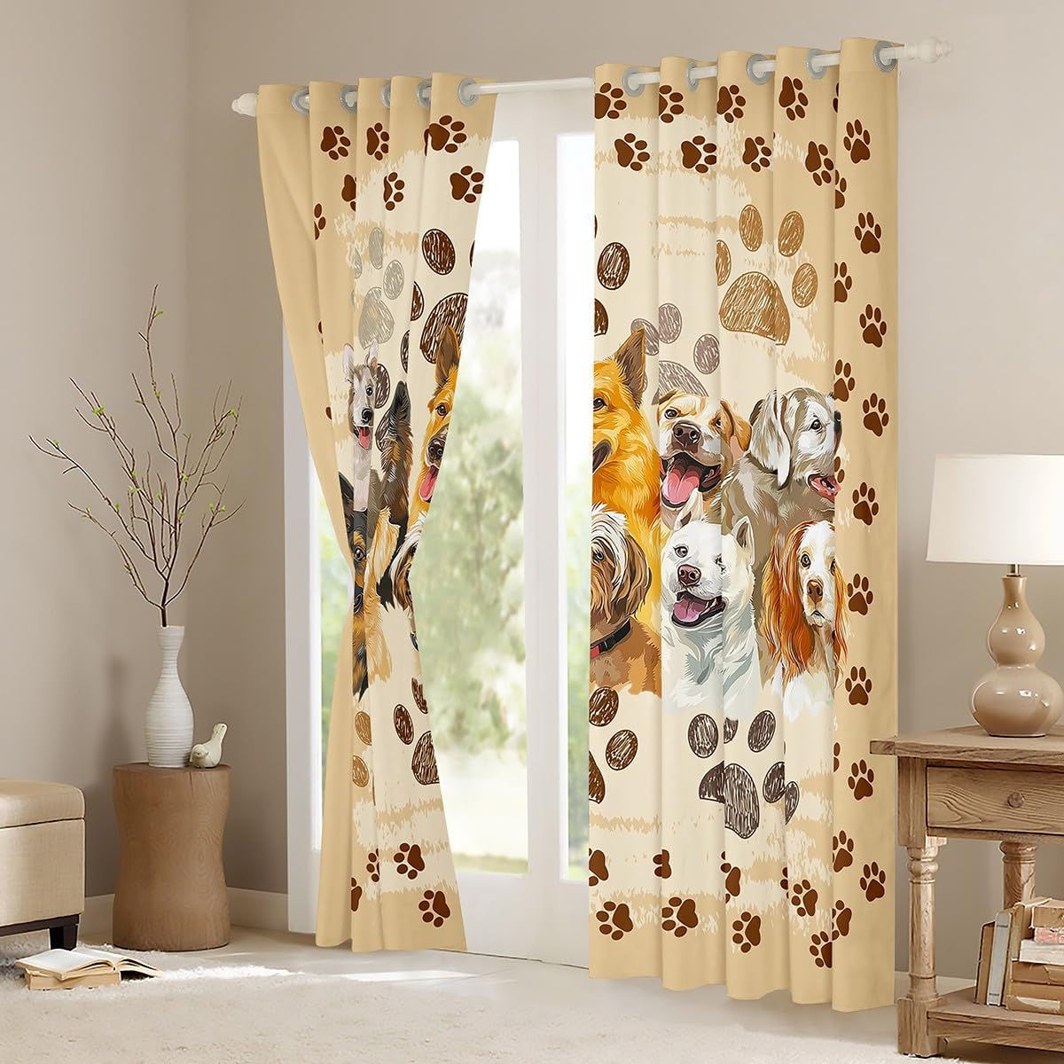 Castle Fairy Puppy Dogs Window Curtains,Funny Cute Pet Dog Paw Print Window Treatments for Kitchen,Vintage Watercolor Dogs Animal Polyetser Blackout Window Drapes, 2 Panels, 52Wx84L inch