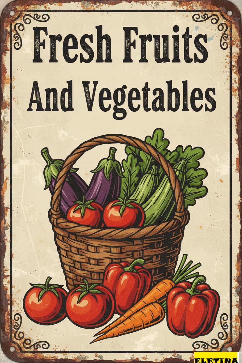 Vintage Metal Tin Sign for Vegetable Wall Decor Fresh Fruits And Vegetables 12x8 Inch Funny Farmer's Market Poster Retro Home Kitchen Garden Yard Restaurant Wall Decor Private Property Decorative