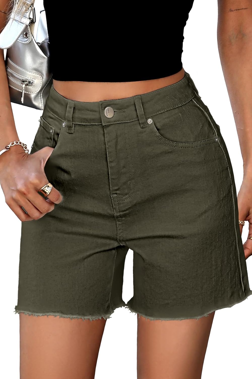 ELLEVEN Women's Raw Hem Jean Shorts, Wide Straight Leg Mom Denim Shorts