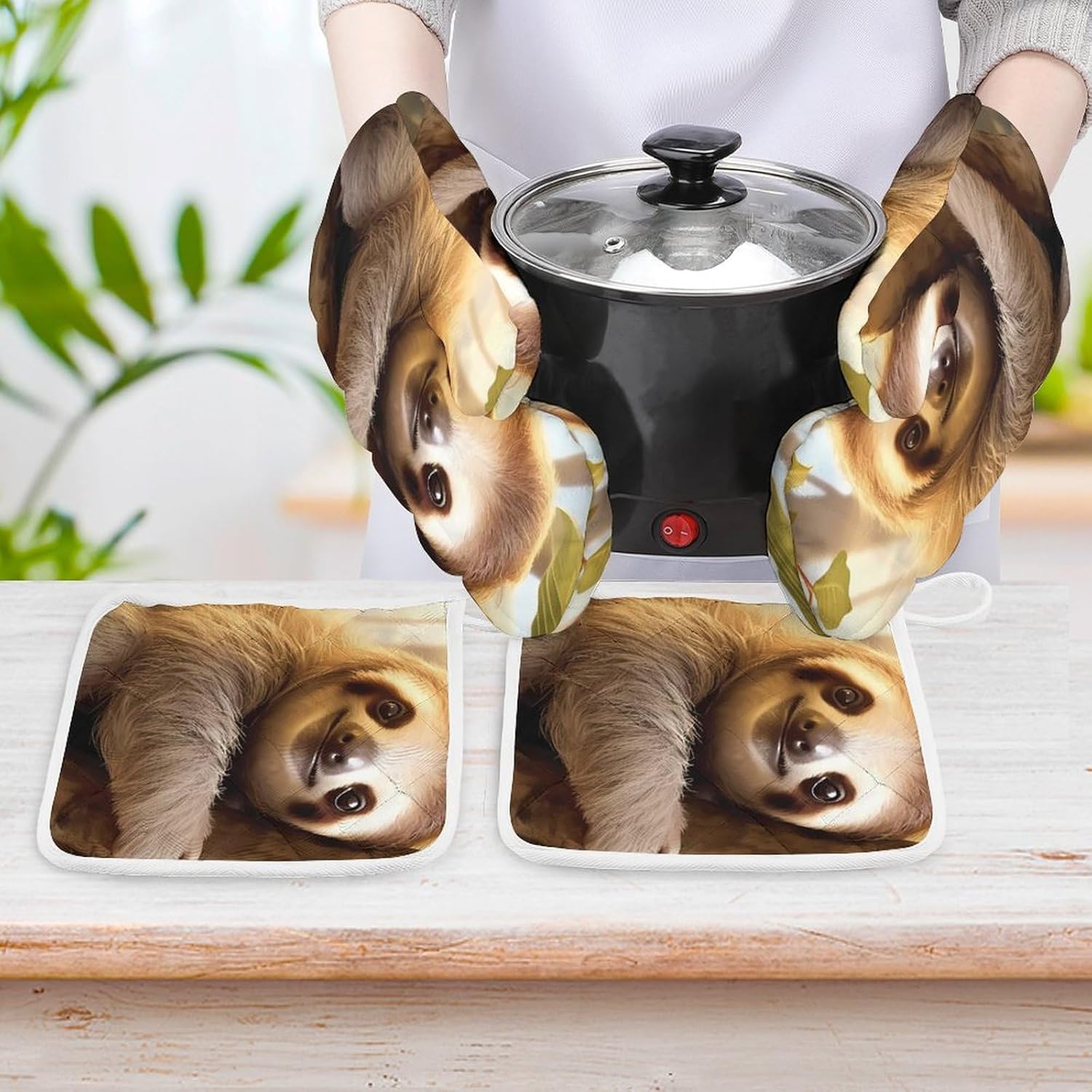 Sloth Animal 4 Pcs Oven Mitts and Pot Holders Set High Heat Resistant Long Kitchen Oven Glove Potholders