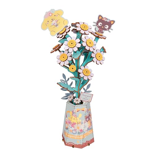 Hands Craft Hello Kitty and Friends Pompompurin & Chococat Chamomile – 3D Wooden Flower Puzzle Kit – Official Sanrio DIY Model Craft, Kawaii Flower Decor & Collectible Gift for Ages 8+ - Pompompurin & Chococat Chamomile