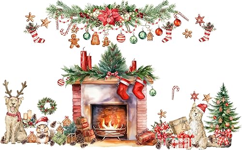 Calcomanías de pared de Navidad, calcomanías de pared de Feliz Navidad, calcomanías para chimenea, calcomanías de árbol de pino de Navidad para