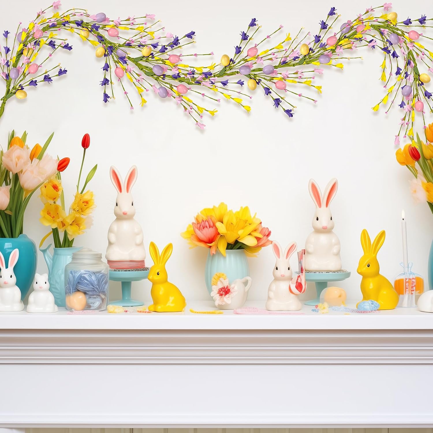 Easter Decorations 5.9Ft Garland with Eggs Flowers Spring Decor for Table Mantel Fireplace Door Wall