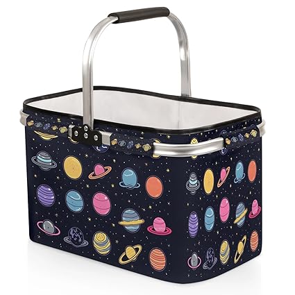 Kizmoglux Planet Galaxy Cosmic Space Collapsible Market Basket, Foldable Picnic Basket - Large Shopping Basket with Handles, Portable Folding Bag for Shopping Camping Picnic