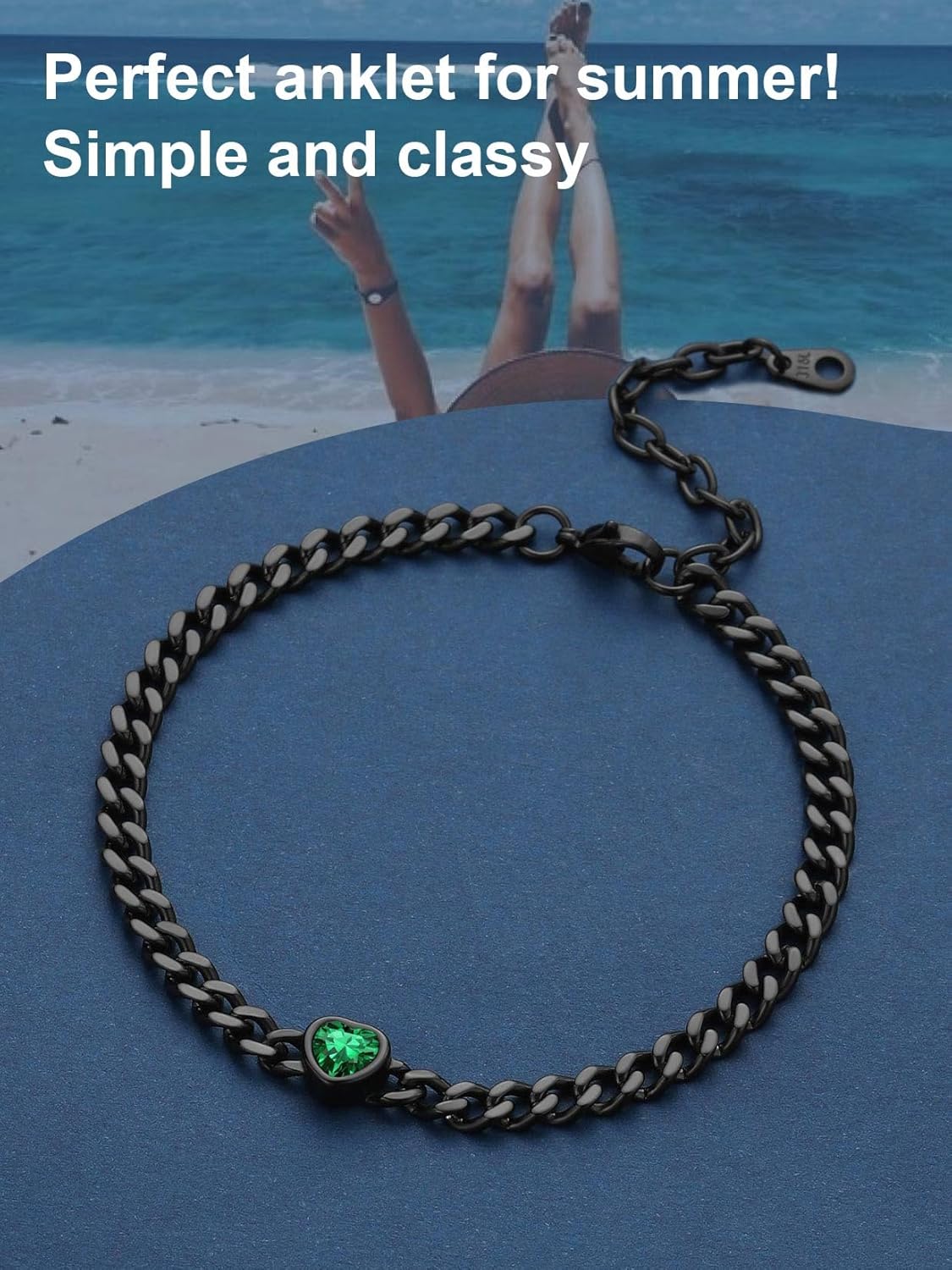 ChainsProMax Women Heart Anklets 5MM Cuban Link Ankle Bracelet with Birthstone, Black-Send Gift Box - Image 4
