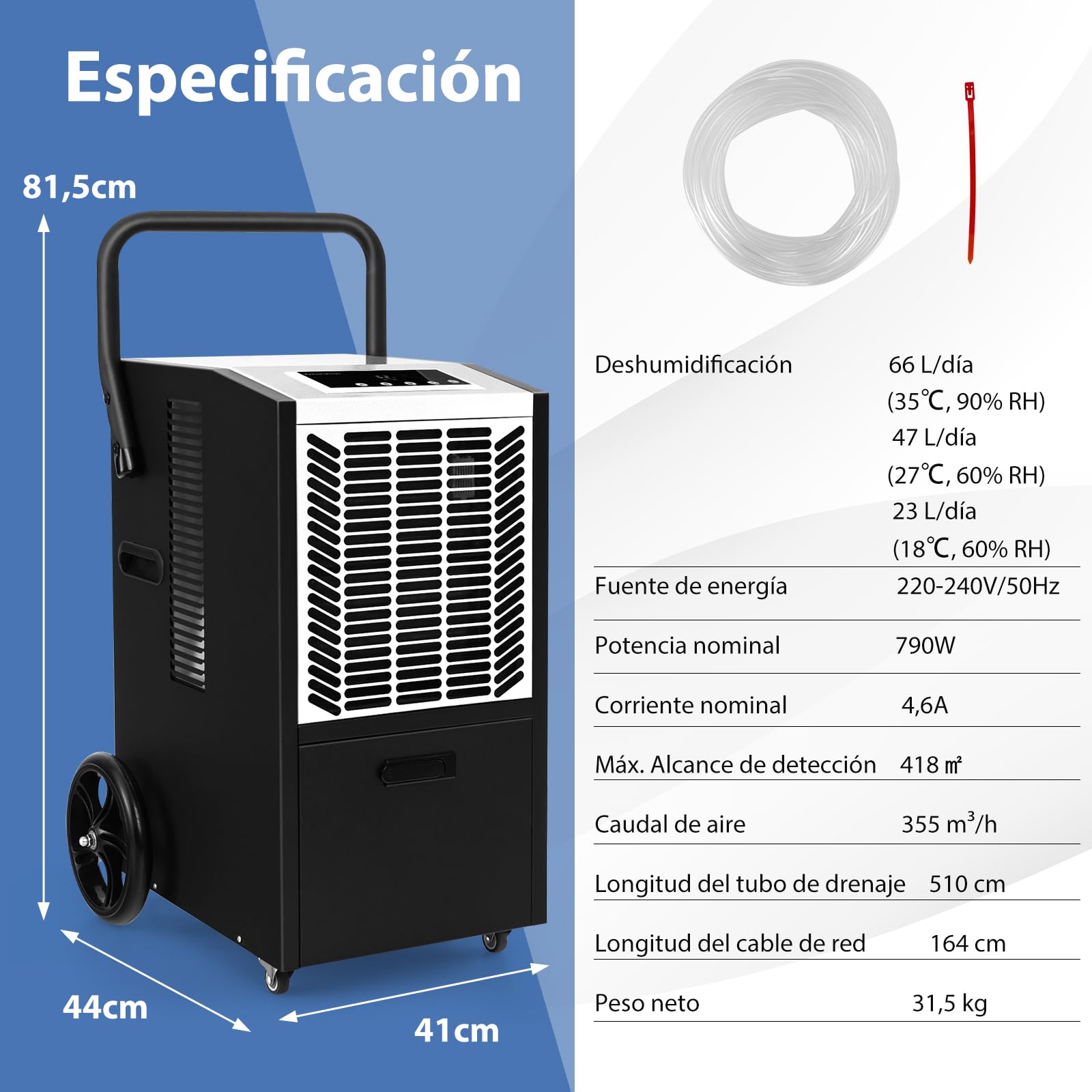 SOARS Deshumidificador Industrial 66L/Día con Bomba de Desagüe Automática y Manguera de Desagüe, Filtro Extraíble, Ruedas para Habitaciones de Hasta 418 m², Temporizador 24H (Blanco)