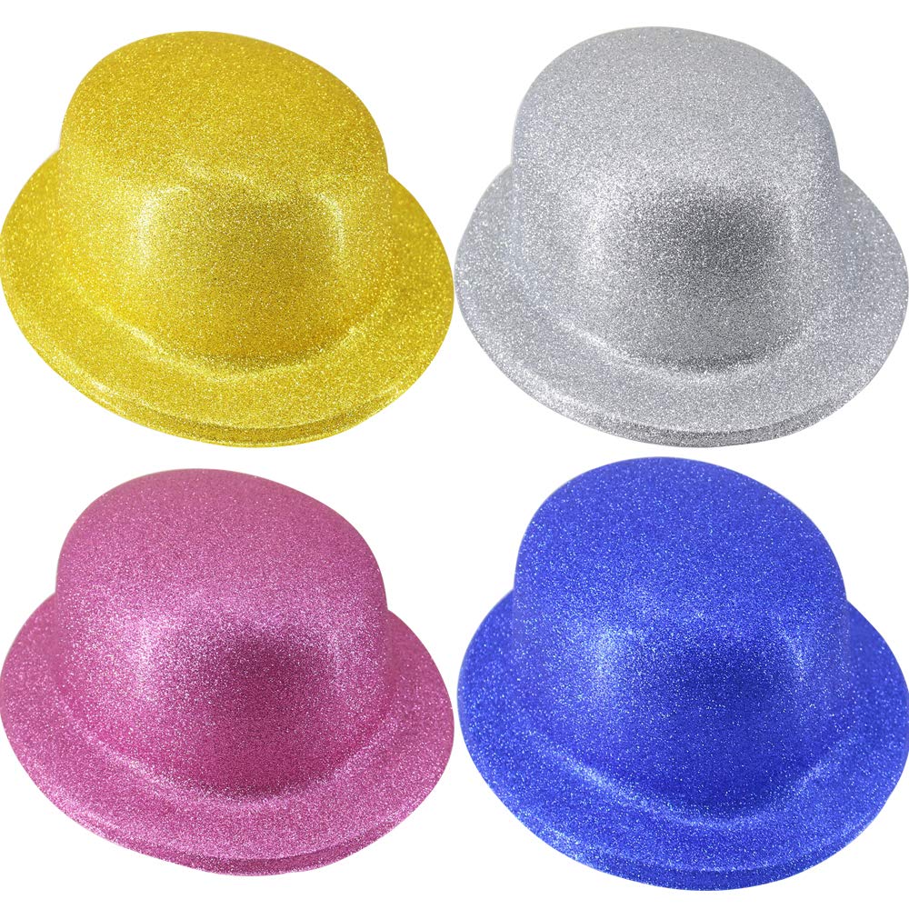 Time to Sparkle 8 Pack of Glitter Bowler Hat Unisex Gangster Style Plastic Party Hats Party Headwear Accessory, Glitter Bowler-Multicolor