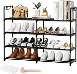 3 Row 4 Tier Long Shoe Rack, Black Metal Stackable Shoe Shelf with Multifunctional Hooks, Shoe Storage Hold 24-30 Pairs, Space Saving Shoe Organizer for Closet,Wide Shoe Rack
