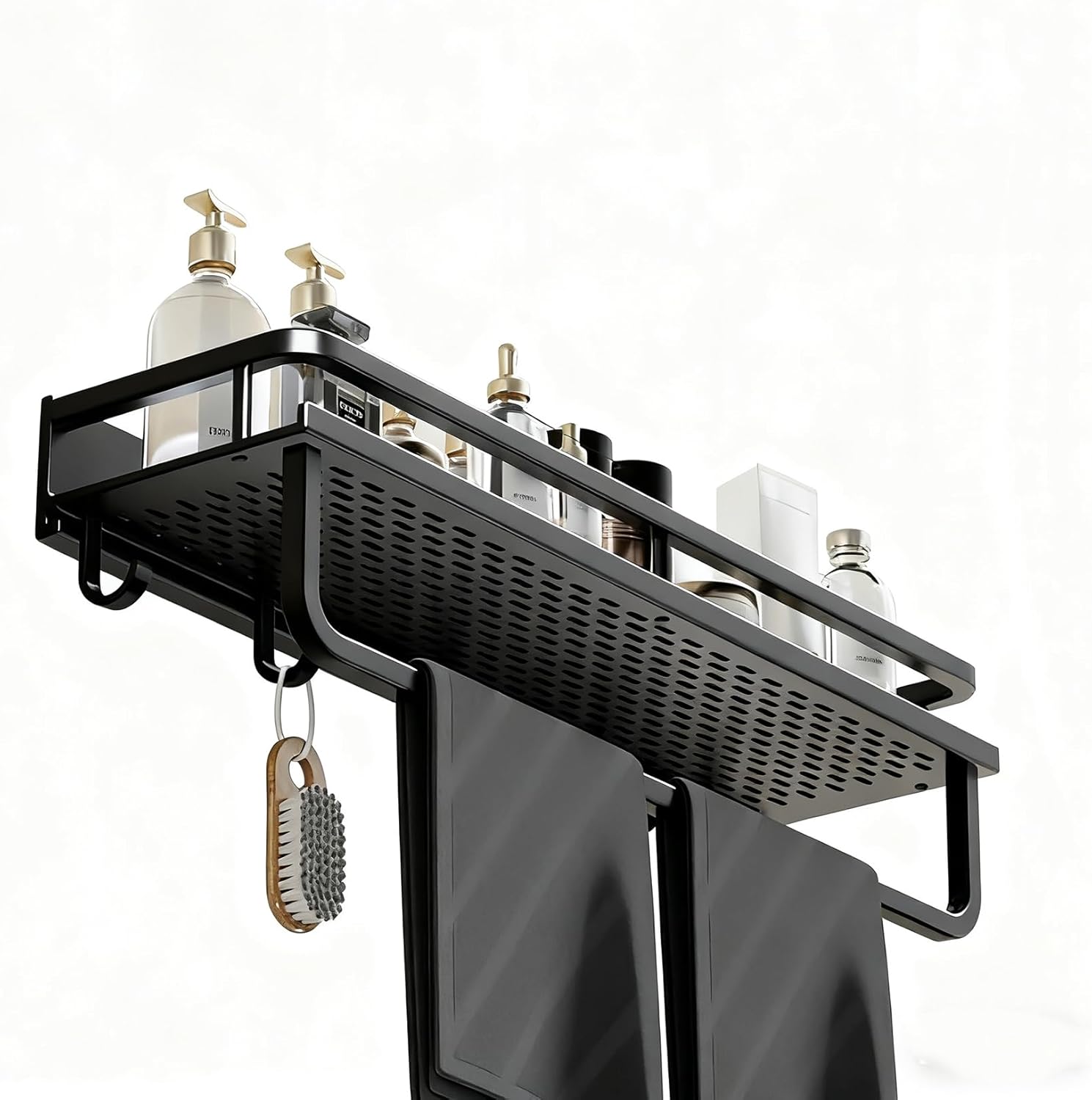 SEIDO Aluminum Wall-Mounted Bathroom Shelf | 12 Inch Shower Organizer with Hanging Bar & Hooks | Drilling/Adhesive Floating Shelf | Bathroom & Kitchen Storage Rack with Drainage Holes, Matte Black