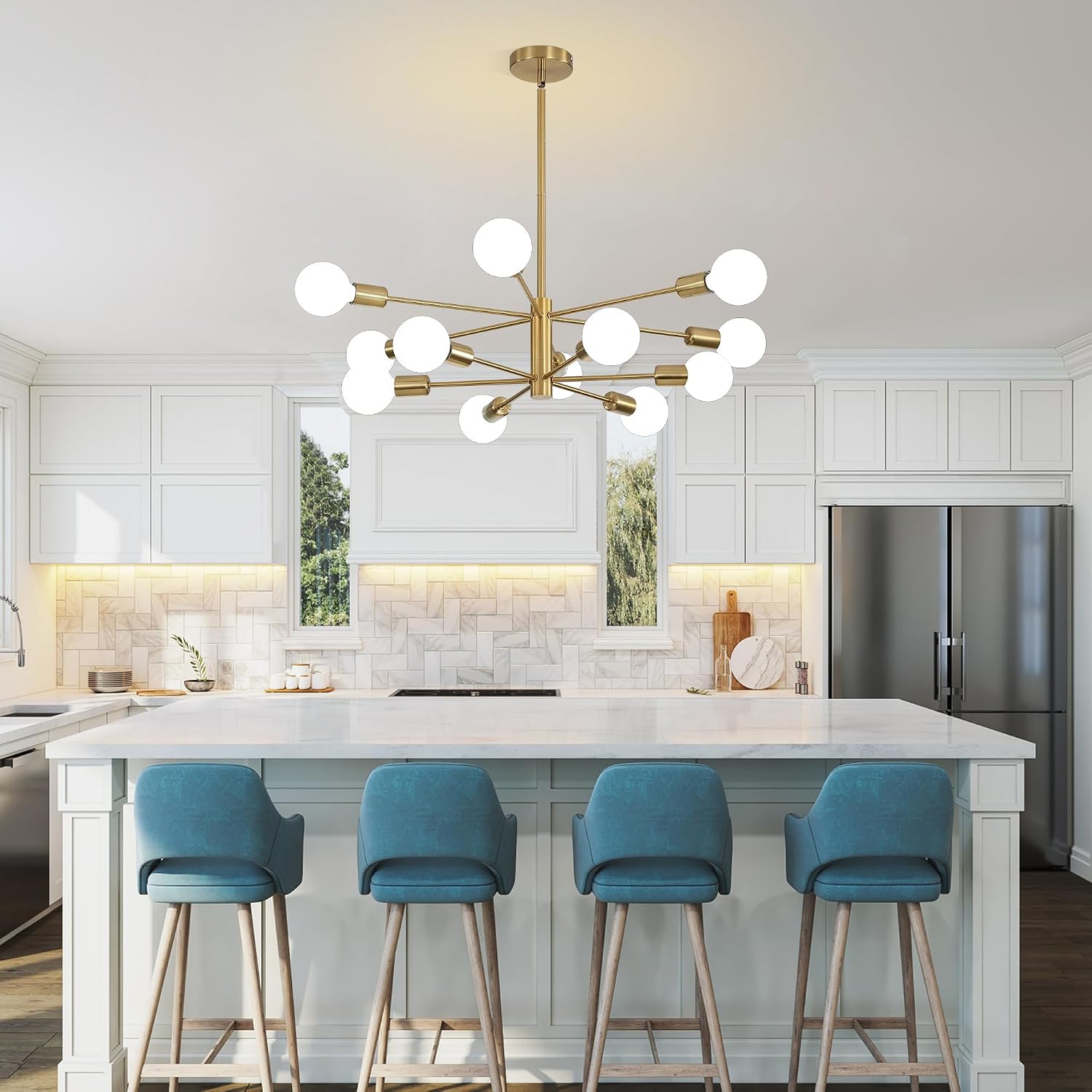 12-Light Modern Sputnik Chandelier, Mid Century Gold Chandelier Ceiling Light Fixture Height Adjustable Modern Chandeliers for Dinging Room, Living Room, Bedroom and Foyer
