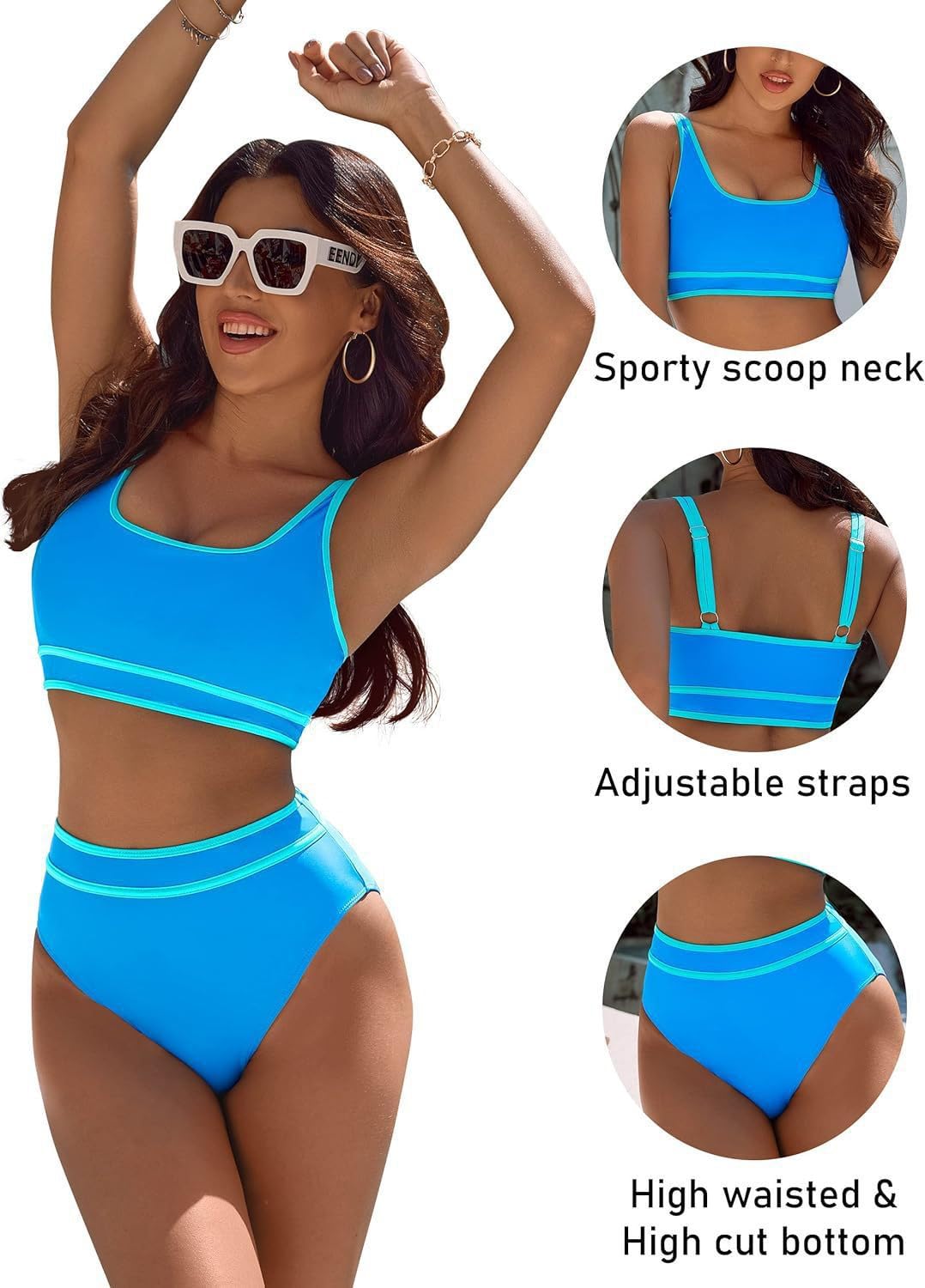 Conjunto de bikini de cintura alta para mujer, traje de baño deportivo de dos piezas, traje de baño de verano de moda y alto atlético, Azul, Small