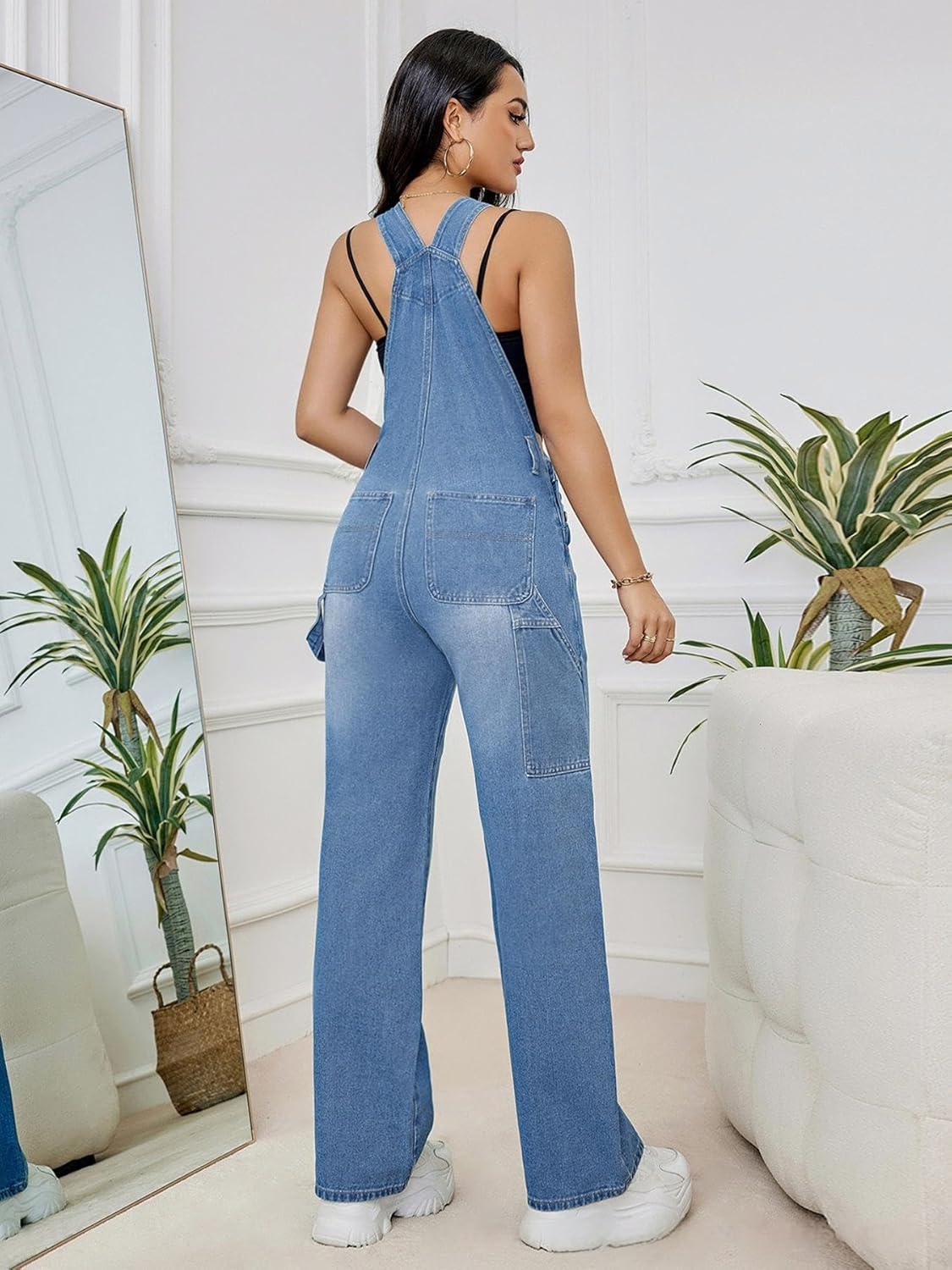 Women's Loose Fit Denim Overalls Adjustable Strap Bib Overall Jumpsuit with Pockets Vintage Style Workwear for Casual - Image 3