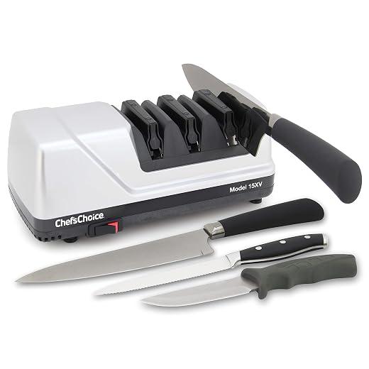 Chef'sChoice Trizor XV EdgeSelect Professional Electric Knife Sharpener with 100-Percent Diamond Abrasives and Precision Angle Guides for Straight Edge and Serrated Knives, 3-stage, Gray