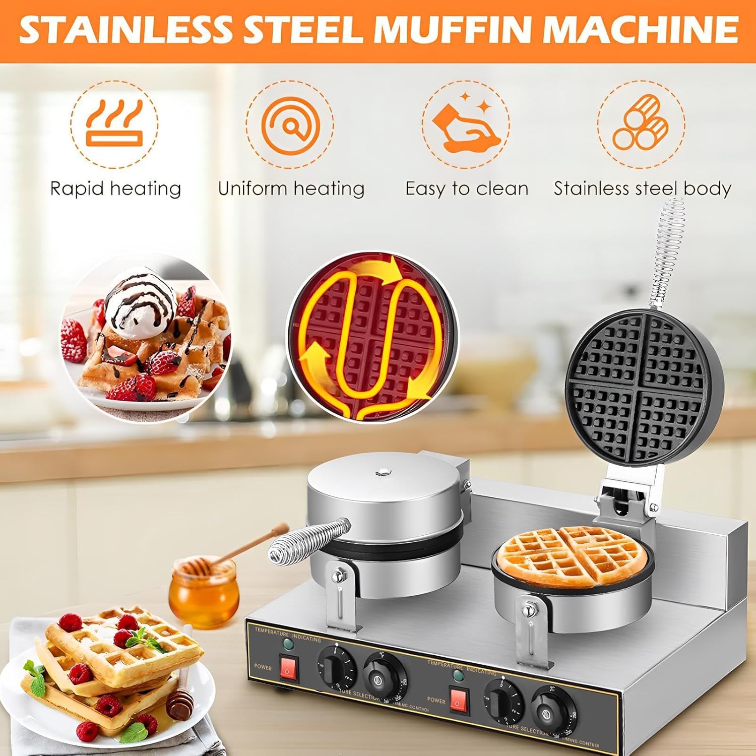 Commercial Waffle Maker - 2400w Adjustable Temperature Control Double Waffle Maker | 110v Round Bubble Waffle Maker with Nonstick Plates | Chaffle Maker for Grilled Cheese, Brownies and Quesadilla