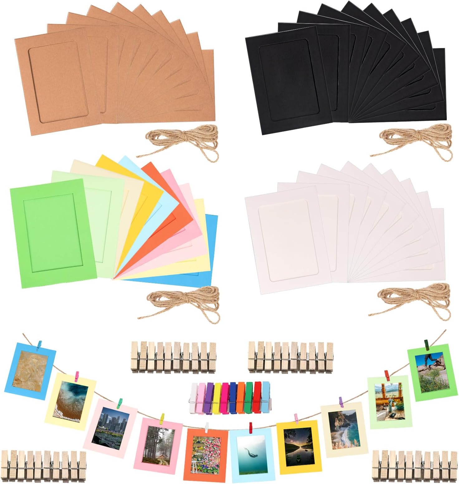 84Pcs 5.3x3.9Inch/13.5x10CM Mixed Color Paper Picture Frames DIY Cardboard Photo Frame with Wood Clip and Jute Twine for Wall Decor Craft