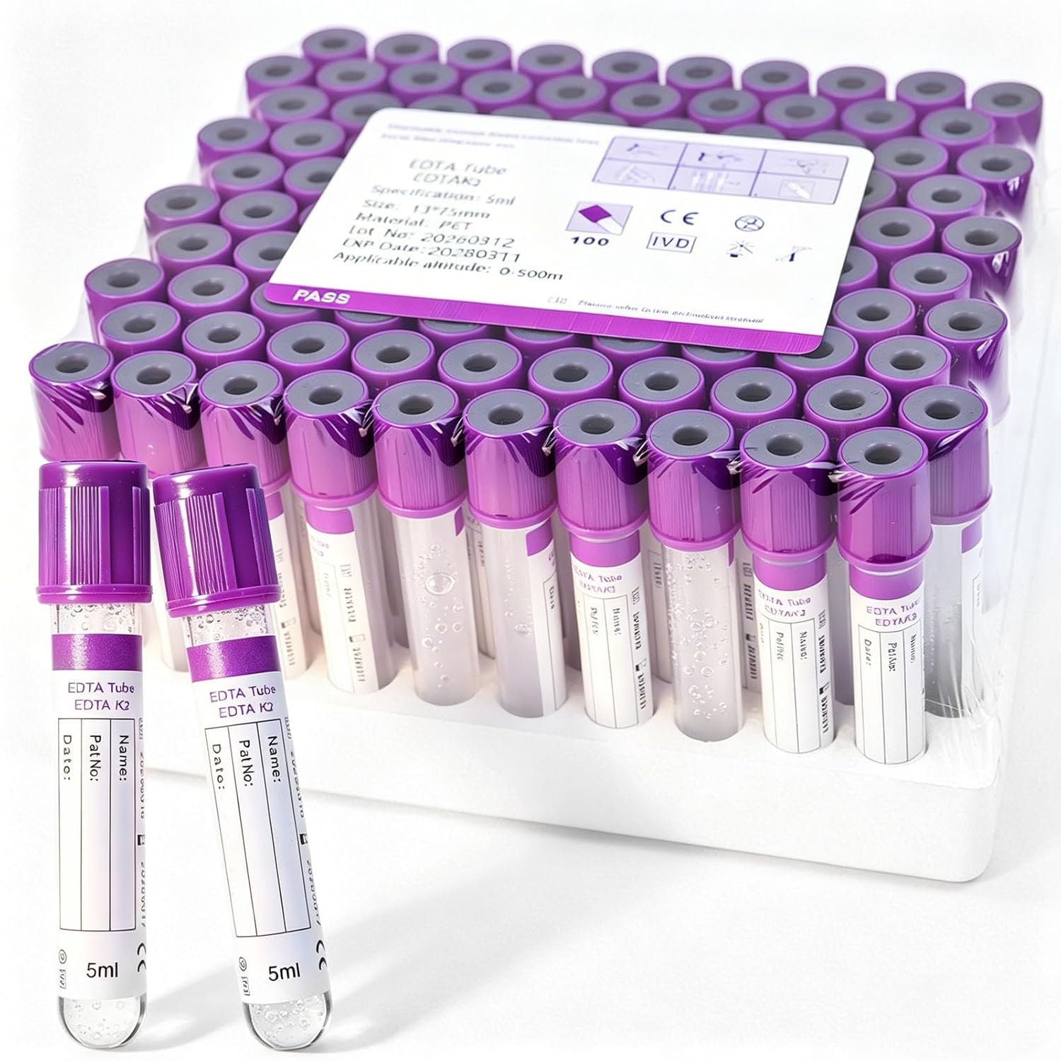 Blood Collection Tubes, 5ml K₂ EDTA Tube Lab Vacuum Collection Tubes, 100 Pcs, for Lab Test Tubes Pet Animals Veterinary