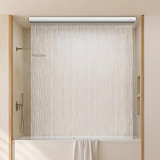 Ceiling Mounted Rollup Bathroom Shower Curtain/Liner 56" Base – Up to 95" Long - Use for 9' Ceilings – Waterproof PEVA – Plastic Shower Curtains for Bathroom – No Rod, Hooks or Rings (Wave)