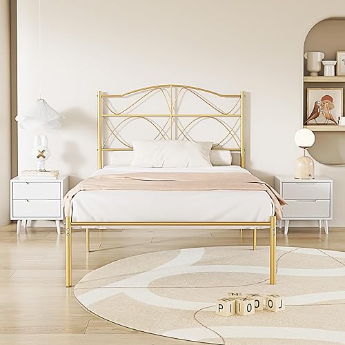 Miniatura 47 de VECELO Base de cama de plataforma metálica de tamaño matrimonial con cabecera y estribo, base de colchón de soporte de listones resistentes, no