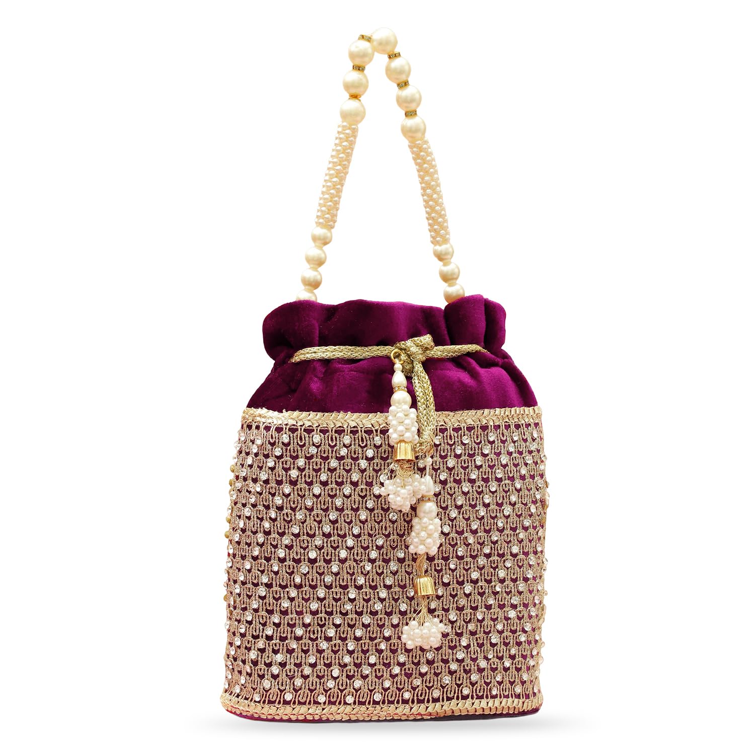 Bags Purple Velvet Potli Bag with Pearl Handle Golden Embroidery & Detailing Wedding Party Festival Gift for Women & Girls-image-14