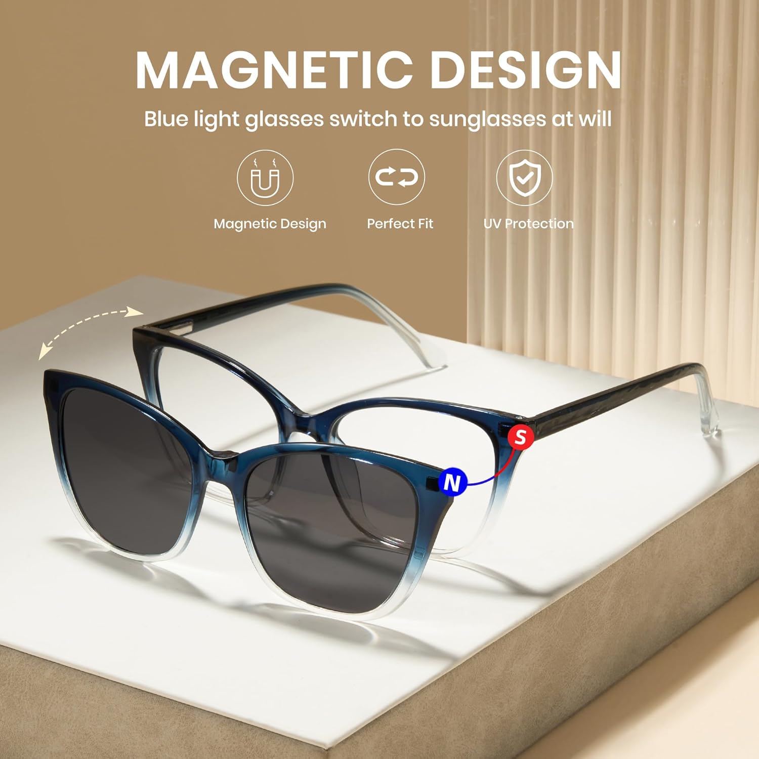 Cyxus Cat Eye Magnetic Clip-On Sunglasses Women Polarized Blue Light Blocking UV400 Protection P1221
