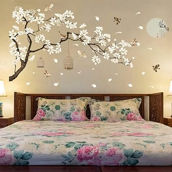 Large Wall Stickers, Removable Peel and Stick 3D Wall Art Stickers, 50''x74'' Romantic Cherry Blossom Tree Wall Murals, DIY Home Decor for Girls Bedroom Nursery Rooms Living Room, BWCXXZH