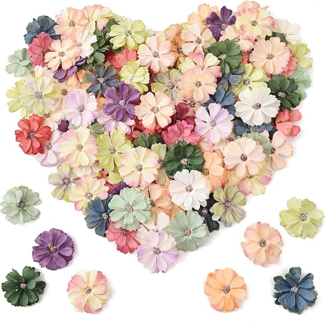 HUIANER 50PCS Artificial Daisy Heads, Small Silk Sunny Flower Mini Fake Flowers Heads for Craft Weeding Home Decoration Wreath Hair Clips Headband 4.5CM (Multicolor)