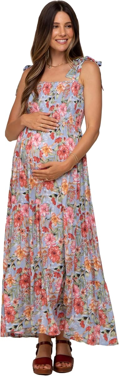 Vestido largo premamá con hombros fruncidos y estampado floral ligero con lazo