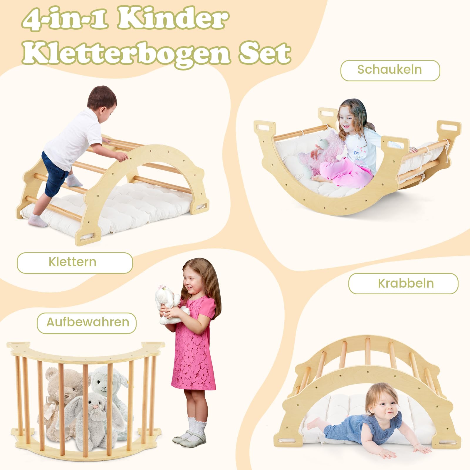COSTWAY 3-in-1 klimladder voor kinderen, houten klimboog, klimdriehoek