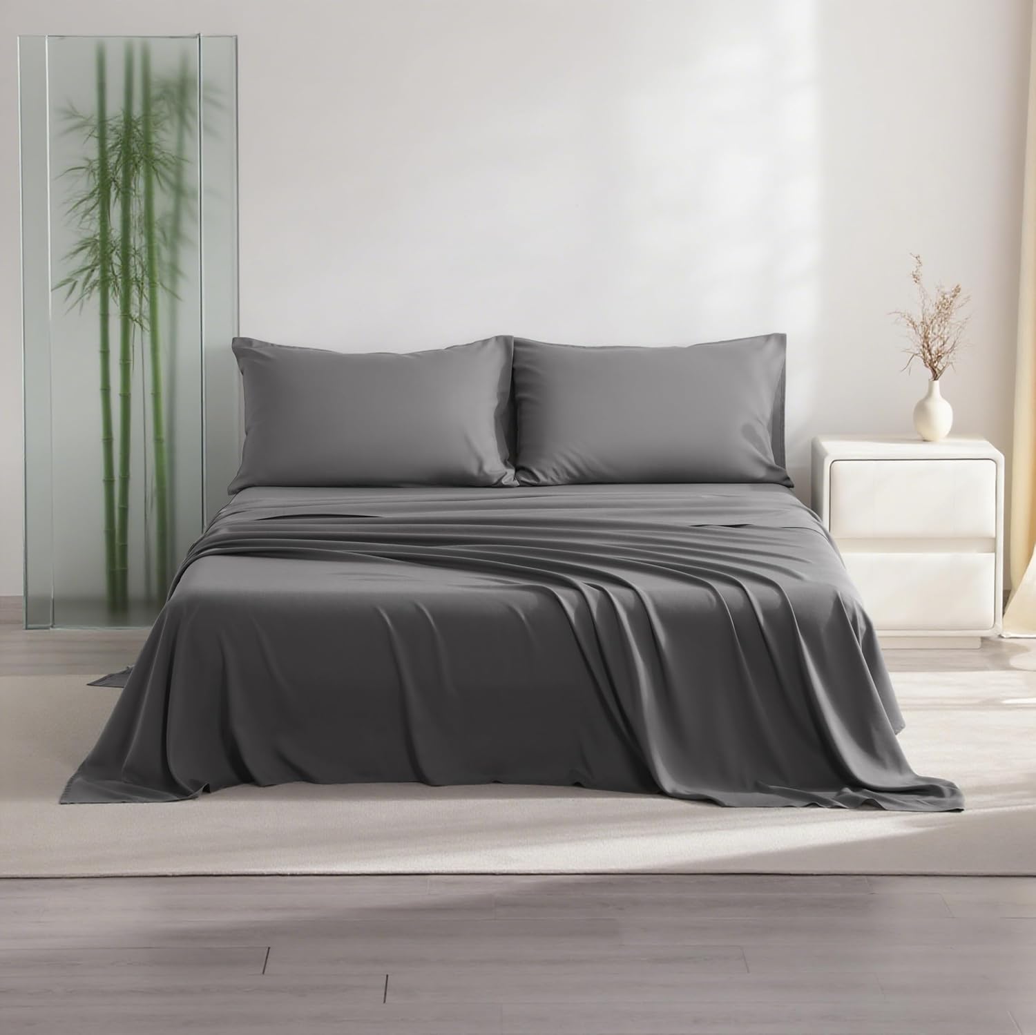 4 Pieces Queen Cooling Sheet Set, Bamboo Rayon PureWoven Silky Hotel Bedding for Hot Sleepers, 15" Deep Pocket, 1 Fitted Sheet, 1 Flat Sheet & 2 Pillowcase, Grey