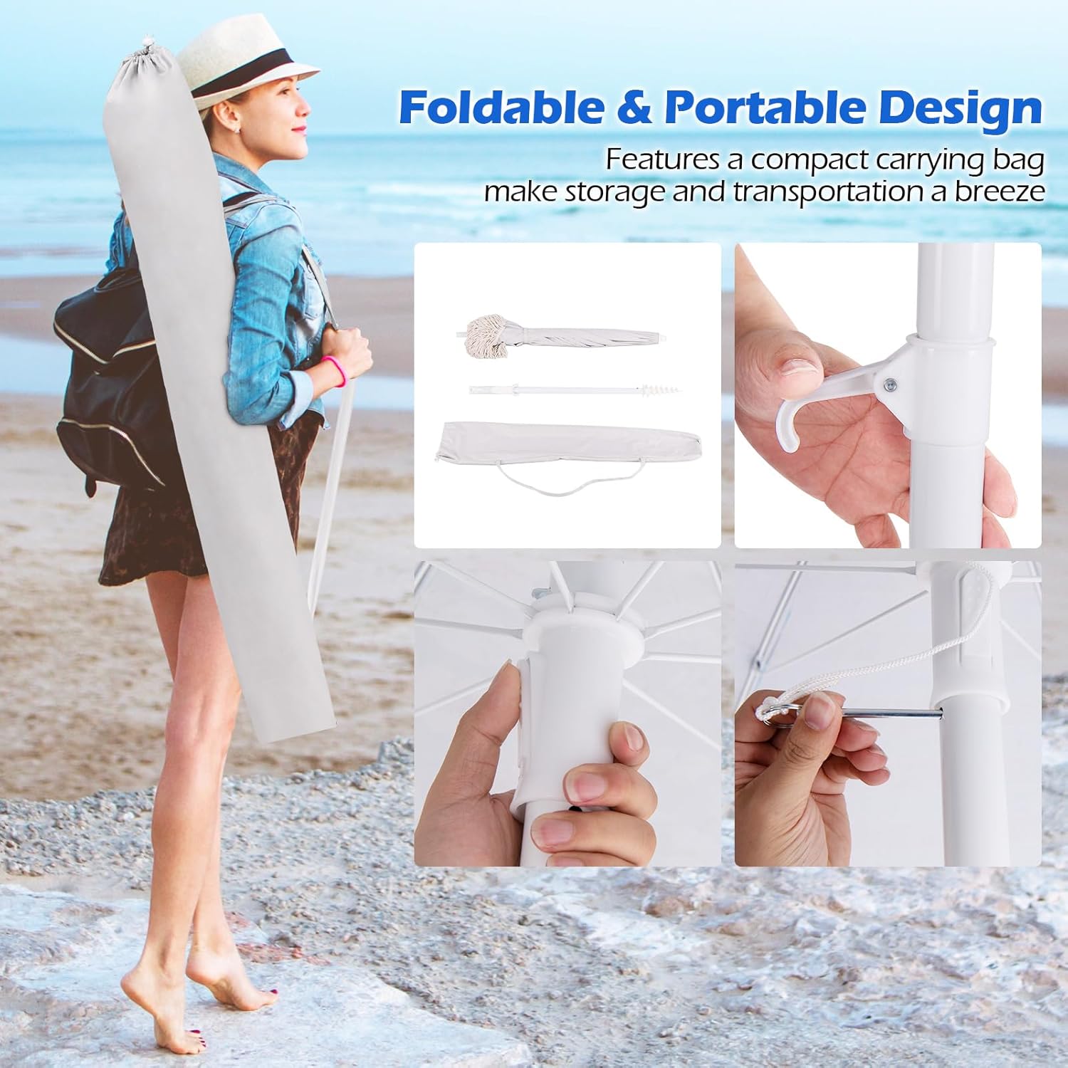 HAPPYGRILL 6.5 FT Outdoor Fringe Beach Umbrella, UPF50+ Sun Protection, Portable Sunshade Umbrella with Carrying Bag, Push Button Tilt, Patio Tassel Umbrella for Garden Lawn Poolside Table, (Cream White)