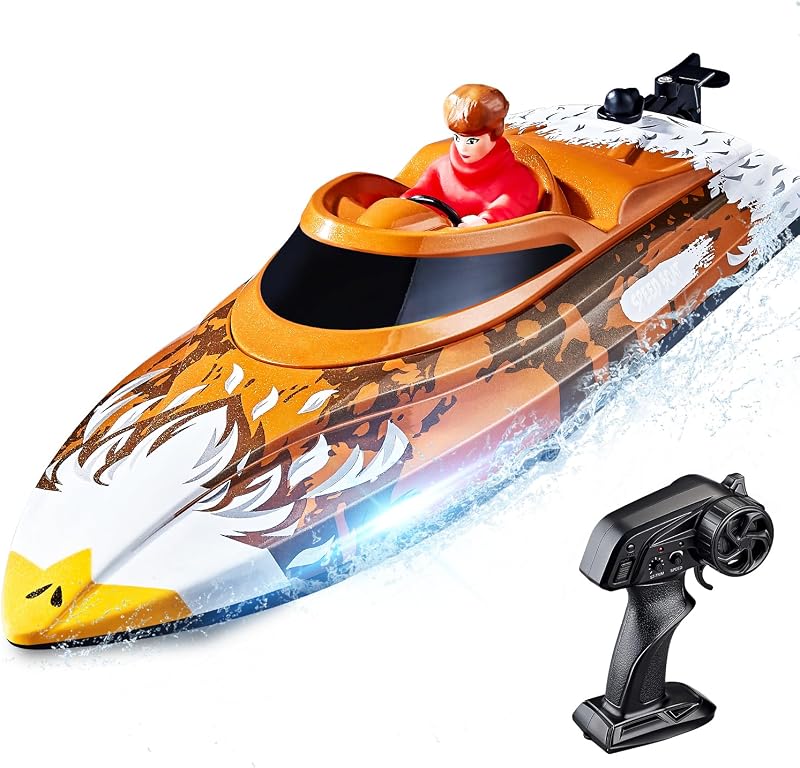 BEZGAR HJ822 12 Inch 25 KPH Fast RC Speed Boat for Kids Adults | 25 KPH Speed & Self-Righting; 700mAh Battery; Waterproof Hull for Pool & Lake; Toy Boats for Kids Adults; Brown