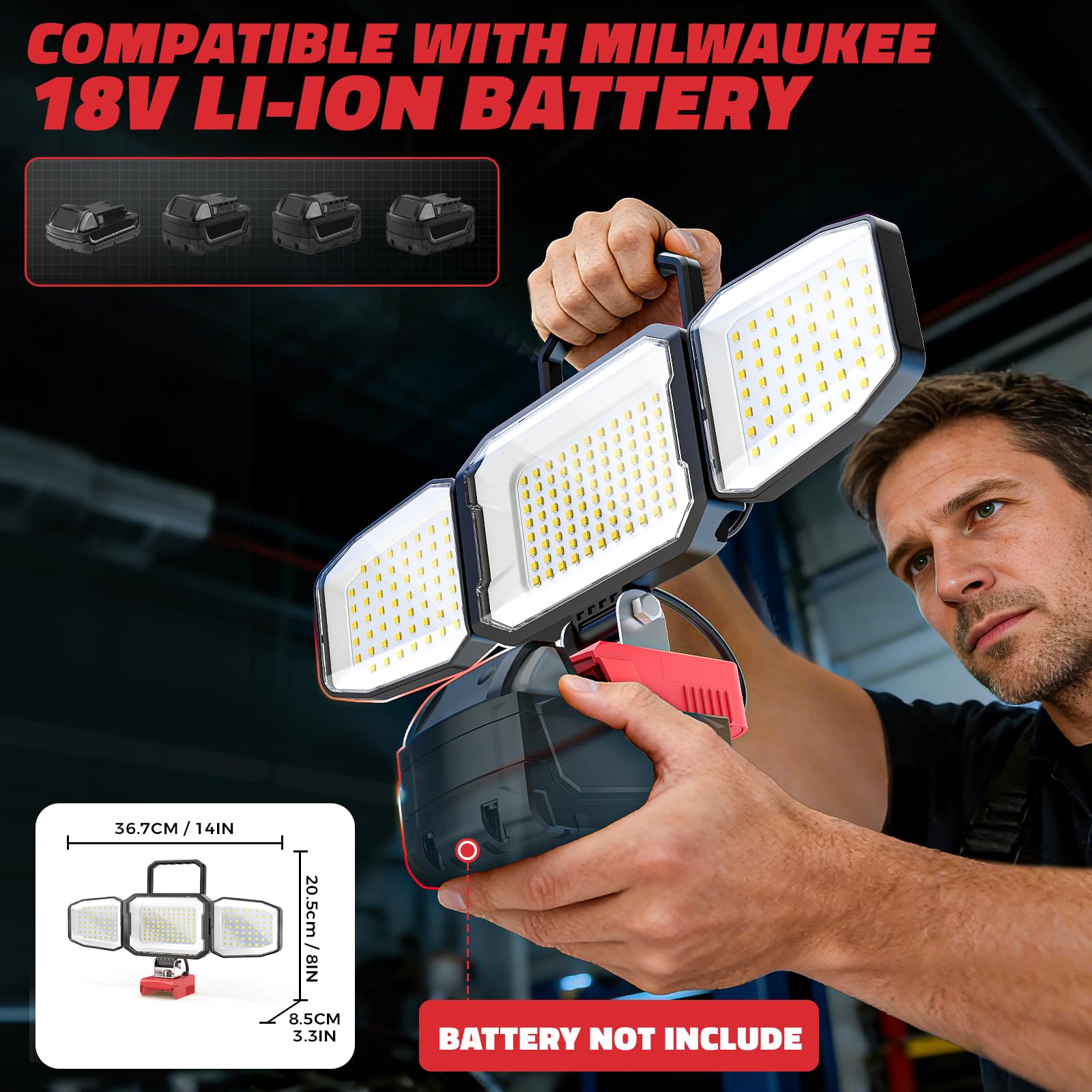 LIVOWALNY Lampa robocza LED kompatybilna z akumulatorem Milwaukee 18 V, przenośny reflektor budowlany z przyłączem USB A i typu C (bez akumulatora)