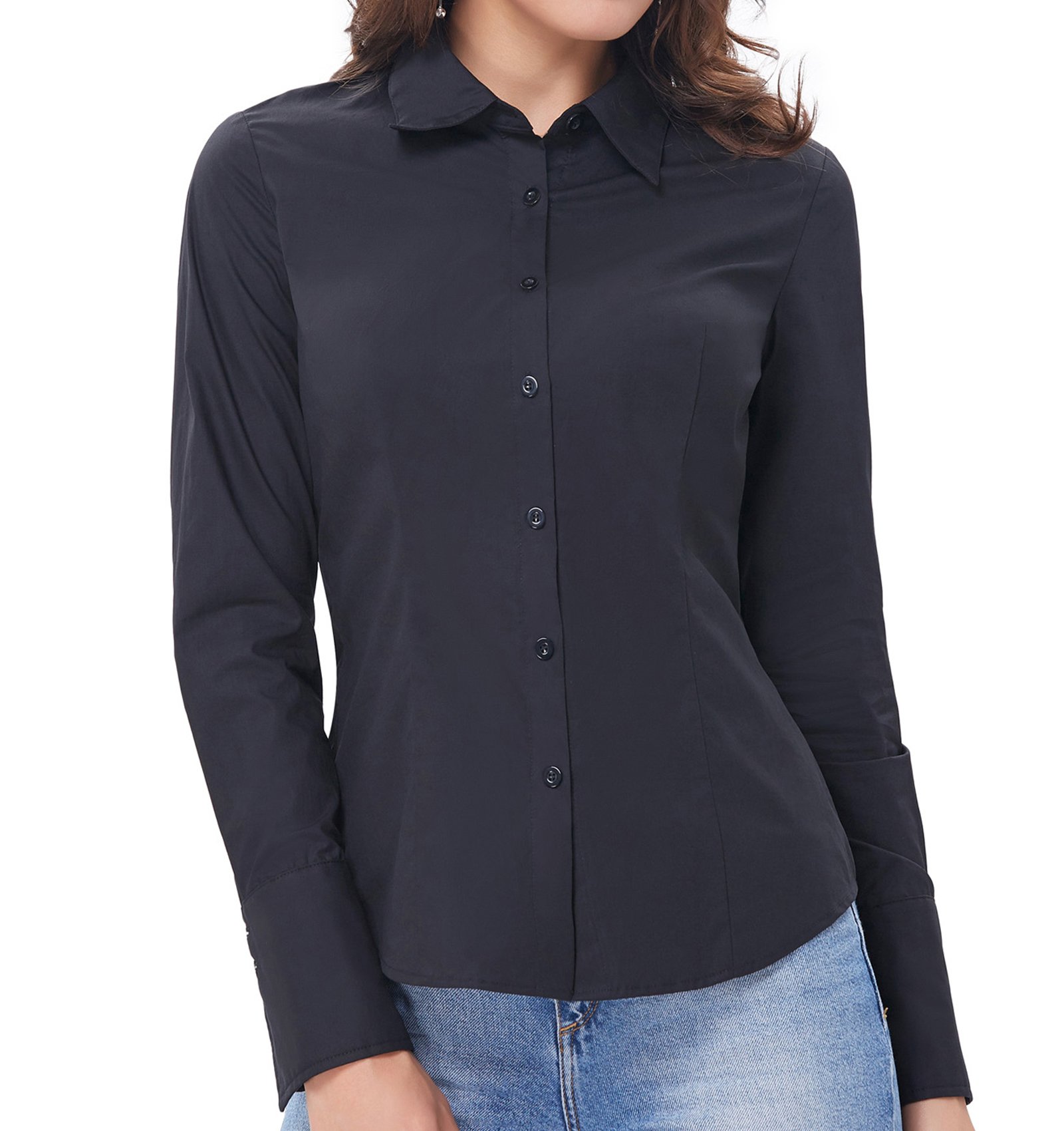 Women's Long Sleeve Shirts Button Down Classic Collared Tops (Black,S)