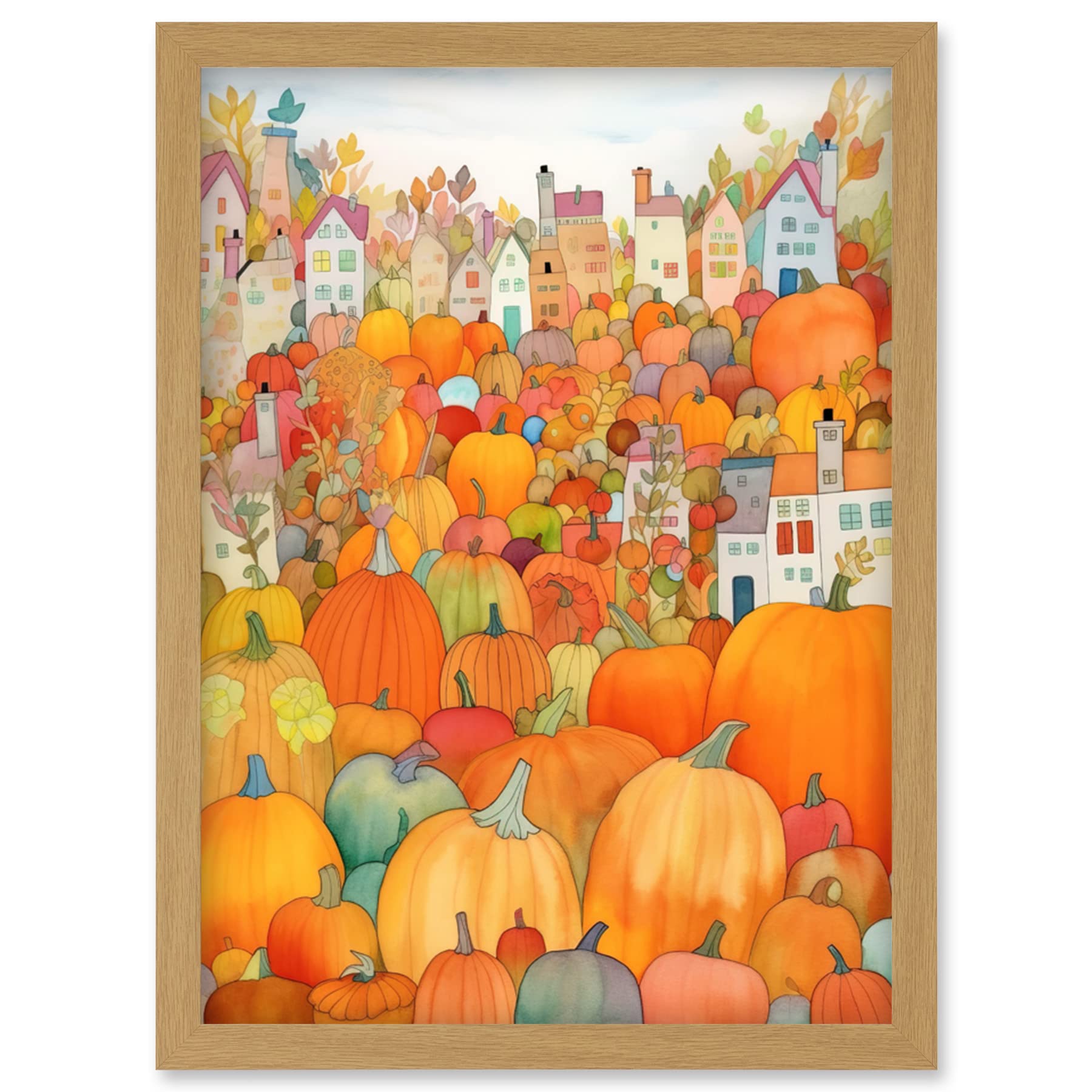 Artery8 Halloween Pumpkin Festival Autumn Harvest Modern Folk Art Watercolour Painting Artwork Framed Wall Art Print A4